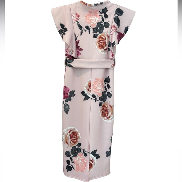 Floral Print Ruffle Detail Midi Dress Romantic Flowers Dusty Rose Pink Size 4 - Picture 6 of 16
